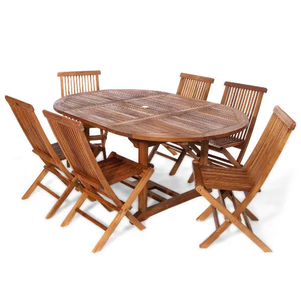 7-Piece Oval Teak Dining Set with Folding Chairs & Cushions