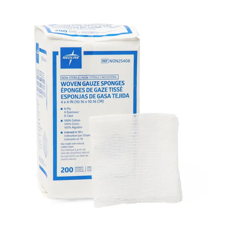 8-Ply Woven Nonsterile Gauze Sponges – 4 Inch × 4 Inch, 200-Count Pack