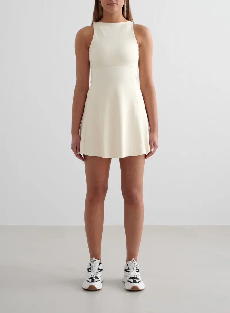 Almond White High-Neck Structured Midi Dress