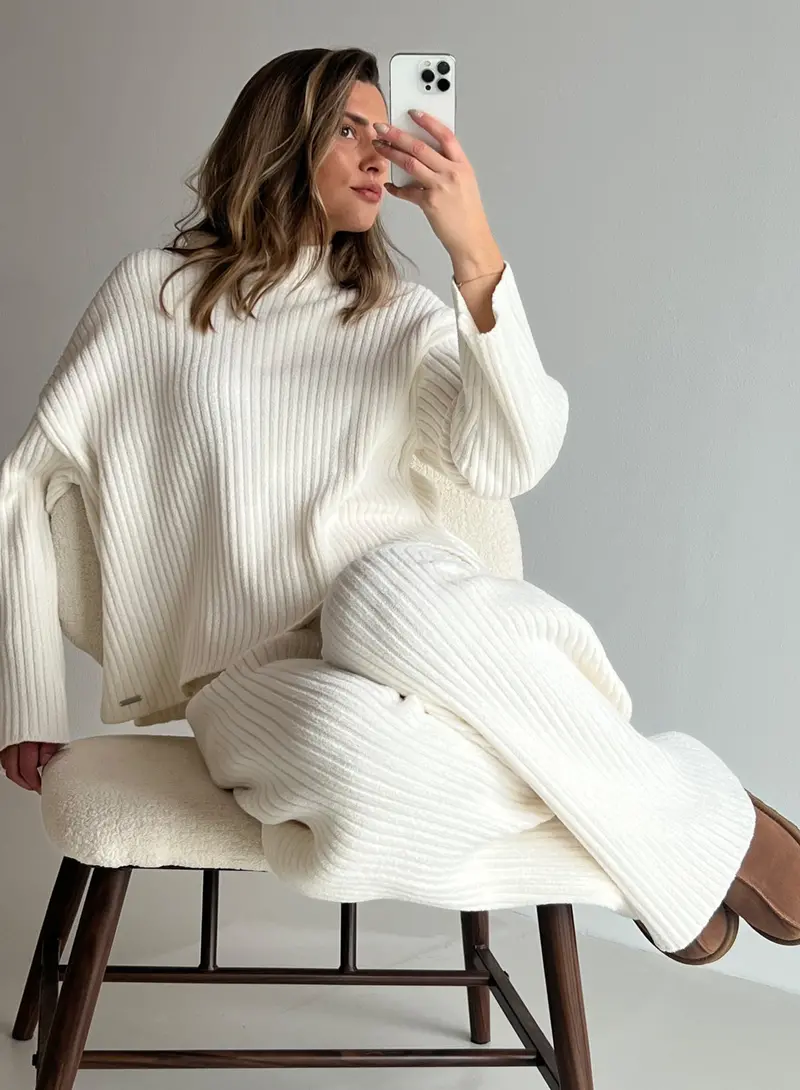Almond White Rib-Knit Sweater