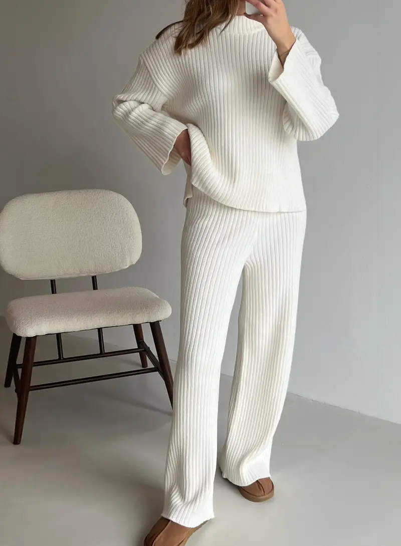 Almond White Rib-Knit Wide-Leg Pants