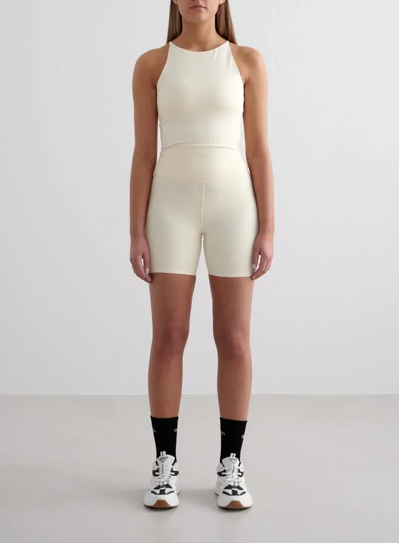 Almond White Sense Midi Biker Shorts and Halter Bralette Set