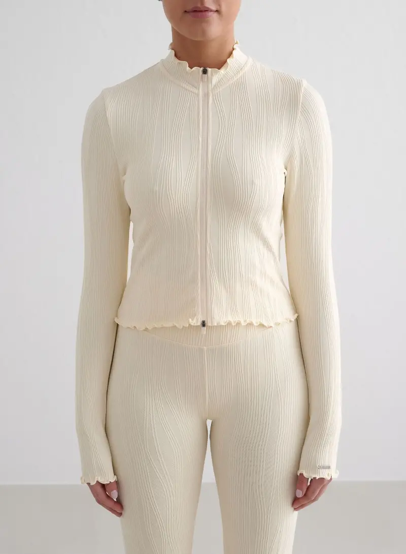 Almond White Tulip-Embroidered Zip-Up Jacket