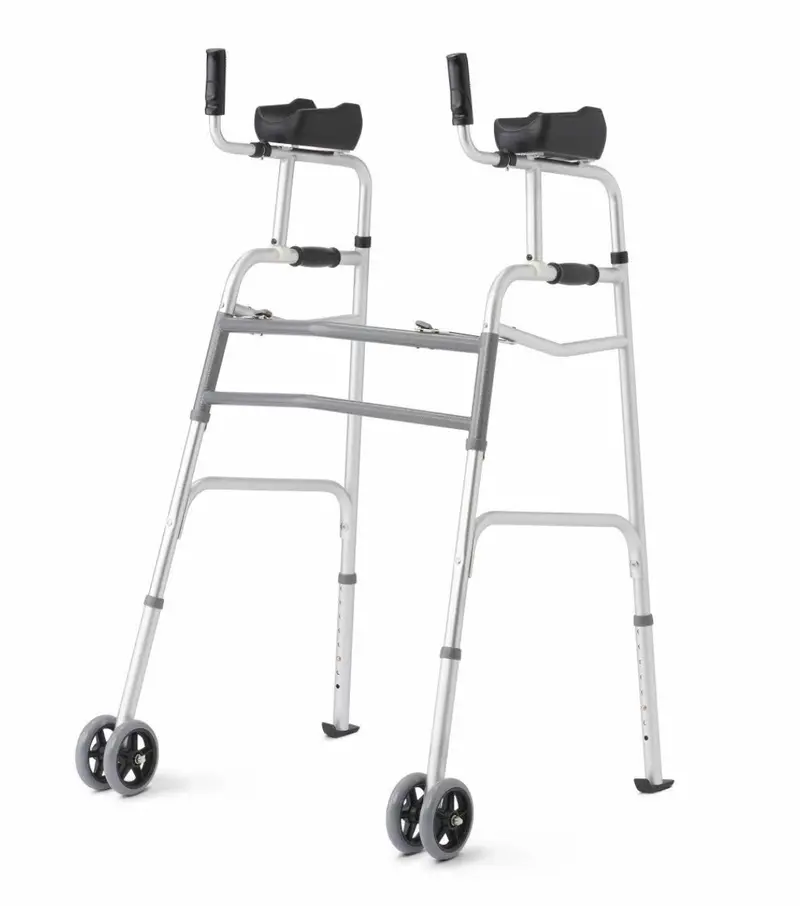 Aluminum Folding Walker with 5″ Wheels – Upright Design, Gray Finish