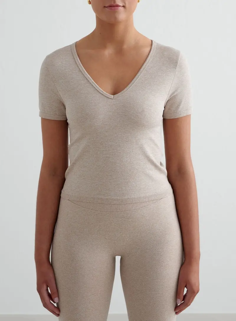 Beige Melange Seamless Short-Sleeve Crop Top