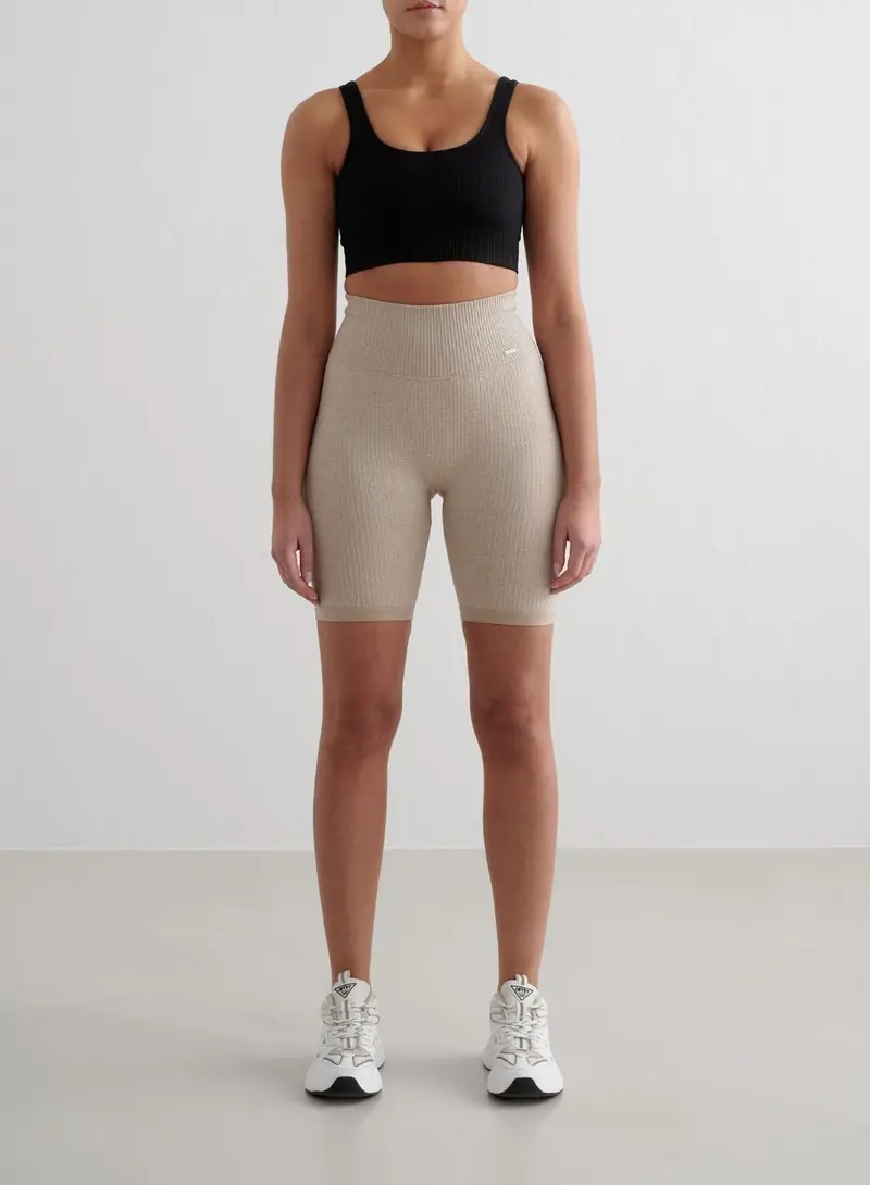 Beige Seamless Ribbed Midi Biker Shorts