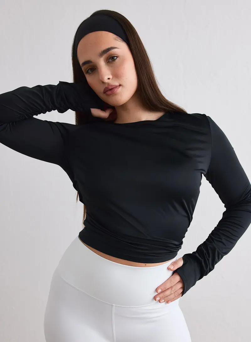 Black Luminous Draped Long Sleeve Top – Elegant Drape Detail