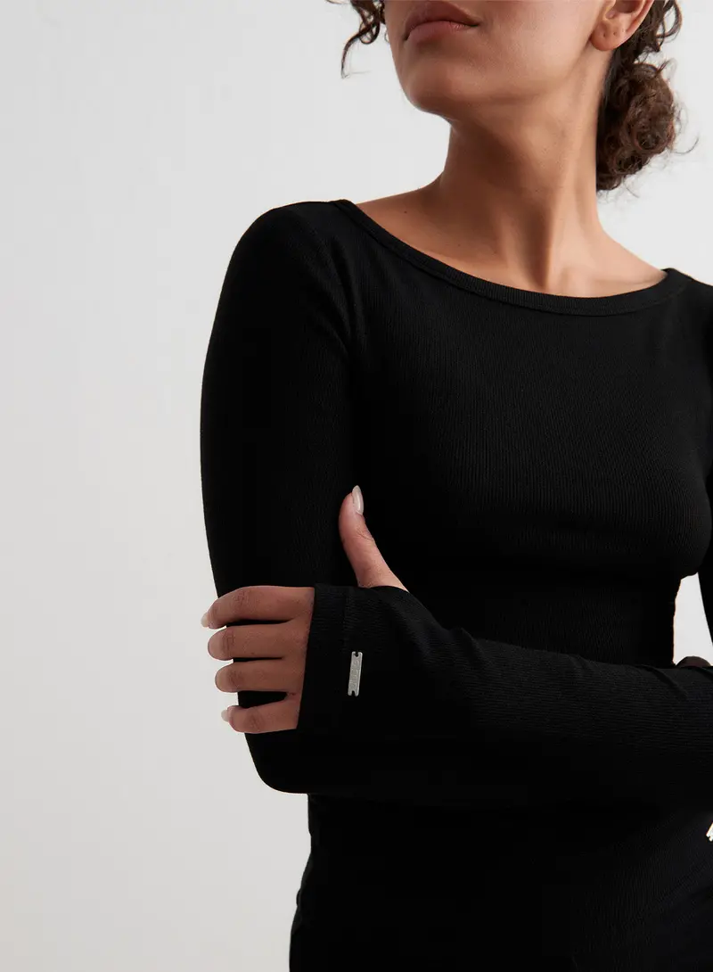 Black Ribbed Long-Sleeve Relaxed-Fit Top