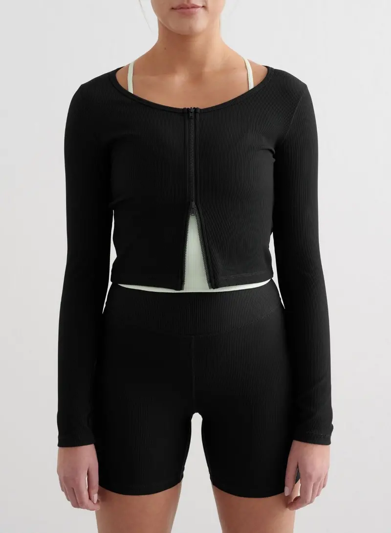Black Ribbed Performance Zip Cardigan