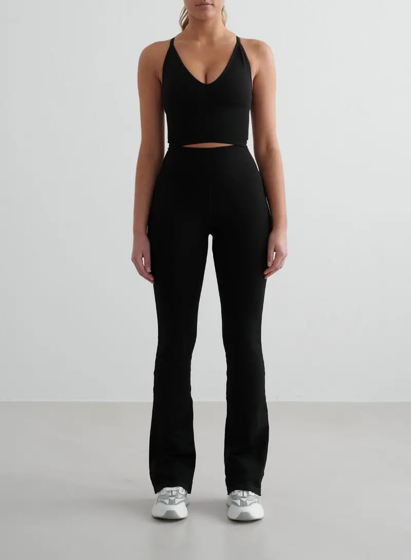 Black Seamless Flare Leggings and Cross-Back Bralette Matching Set