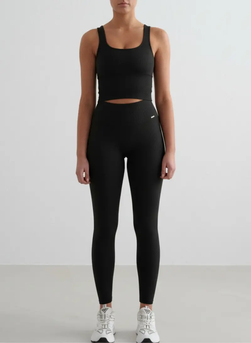 Black Seamless Ribbed Tights and Bralette Set