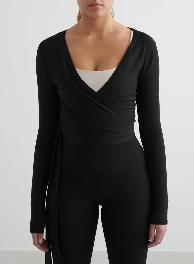 Black Seamless Wrap-Style Long-Sleeve Top
