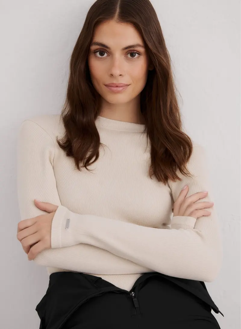 Café Au Lait Ribbed Wool Blend Long-Sleeve Top