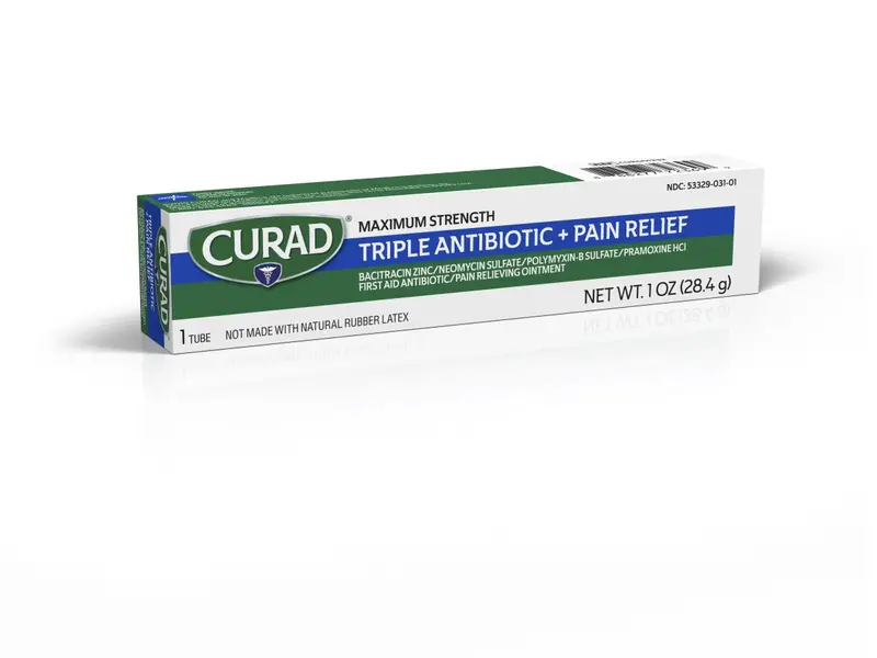 CURAD Triple Antibiotic + Pain Relief Ointment – 1 oz Tube (Case of 12)