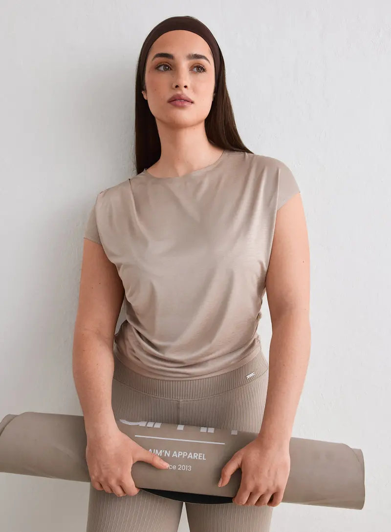 Dark Clay Luminous Draped Short Sleeve Top – Soft Sheen Finish