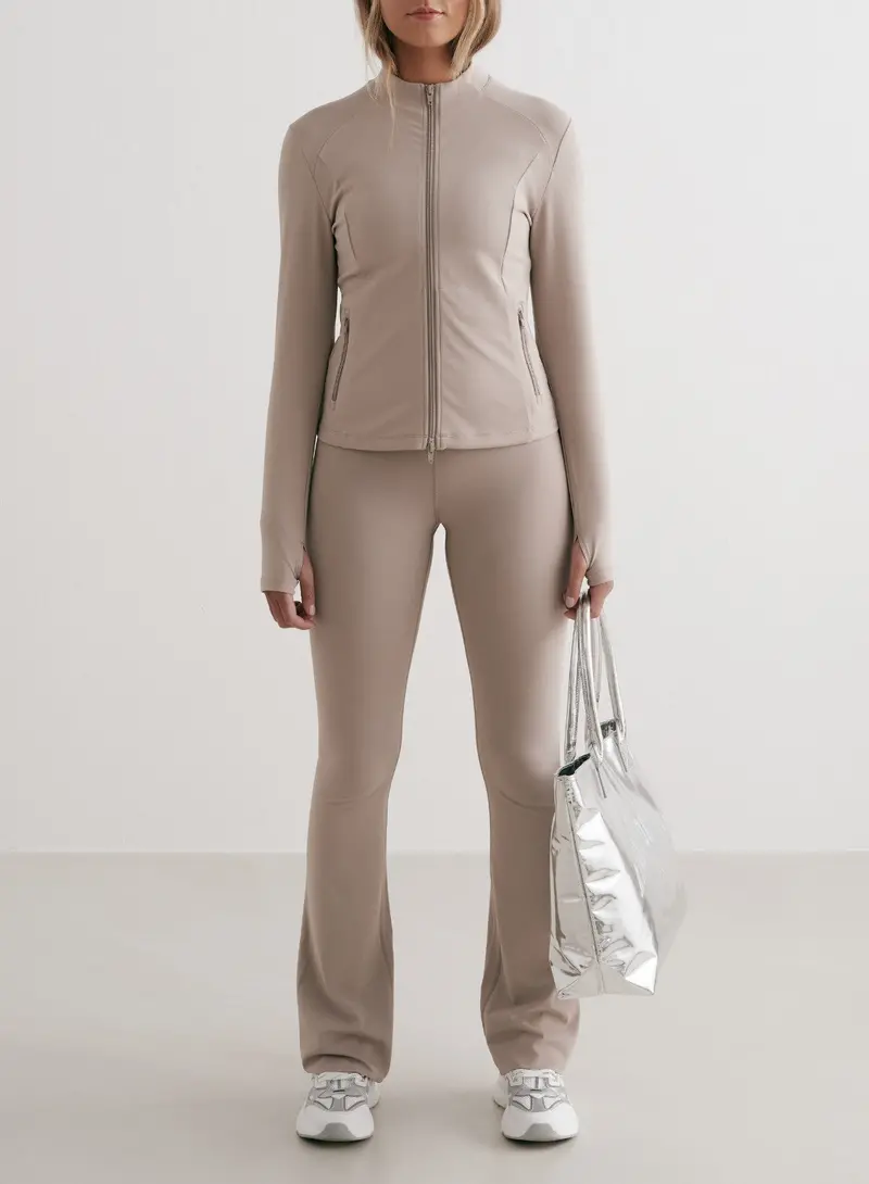 Dark Clay Sense Flare Tights with Zip Jacket Ensemble