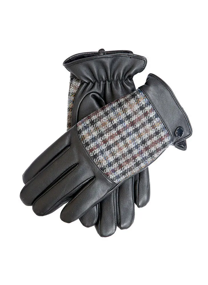 Dents Abraham Moon Men’s Dogtooth & Leather Gloves with Faux Fur Lining – Black/Slate