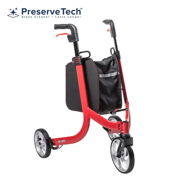 Drive Medical Nitro 3-Wheel Rollator – Compact, Red Frame Mobility Aid