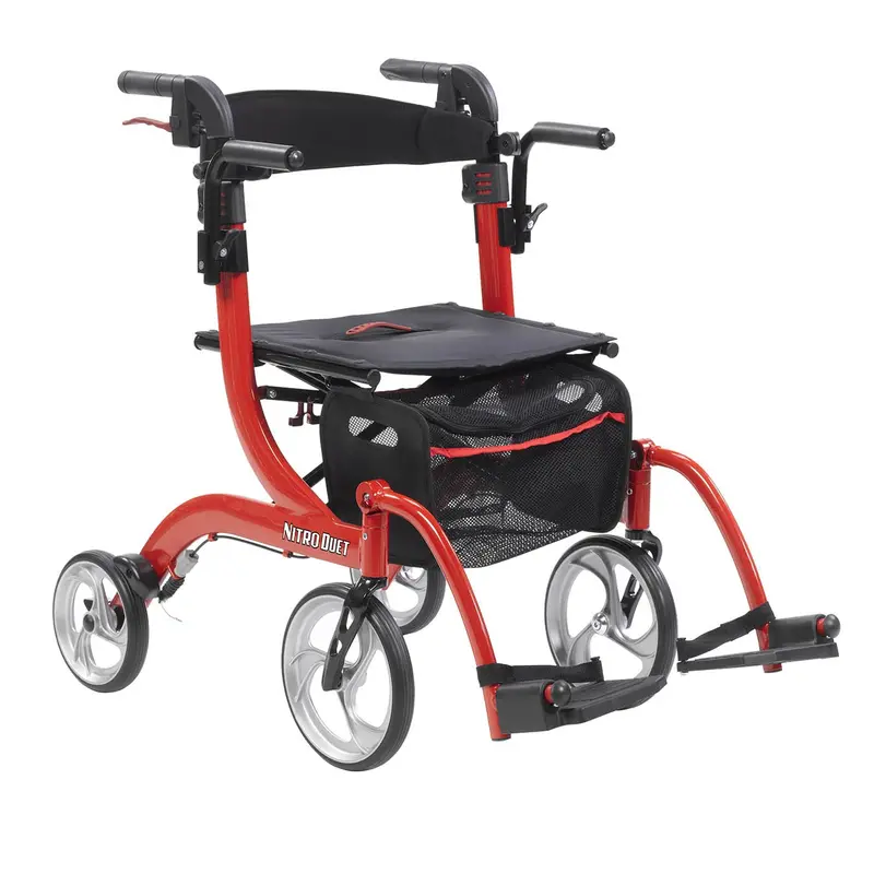 Drive Medical Nitro Duet – Convertible Rollator and Transport Chair in Red