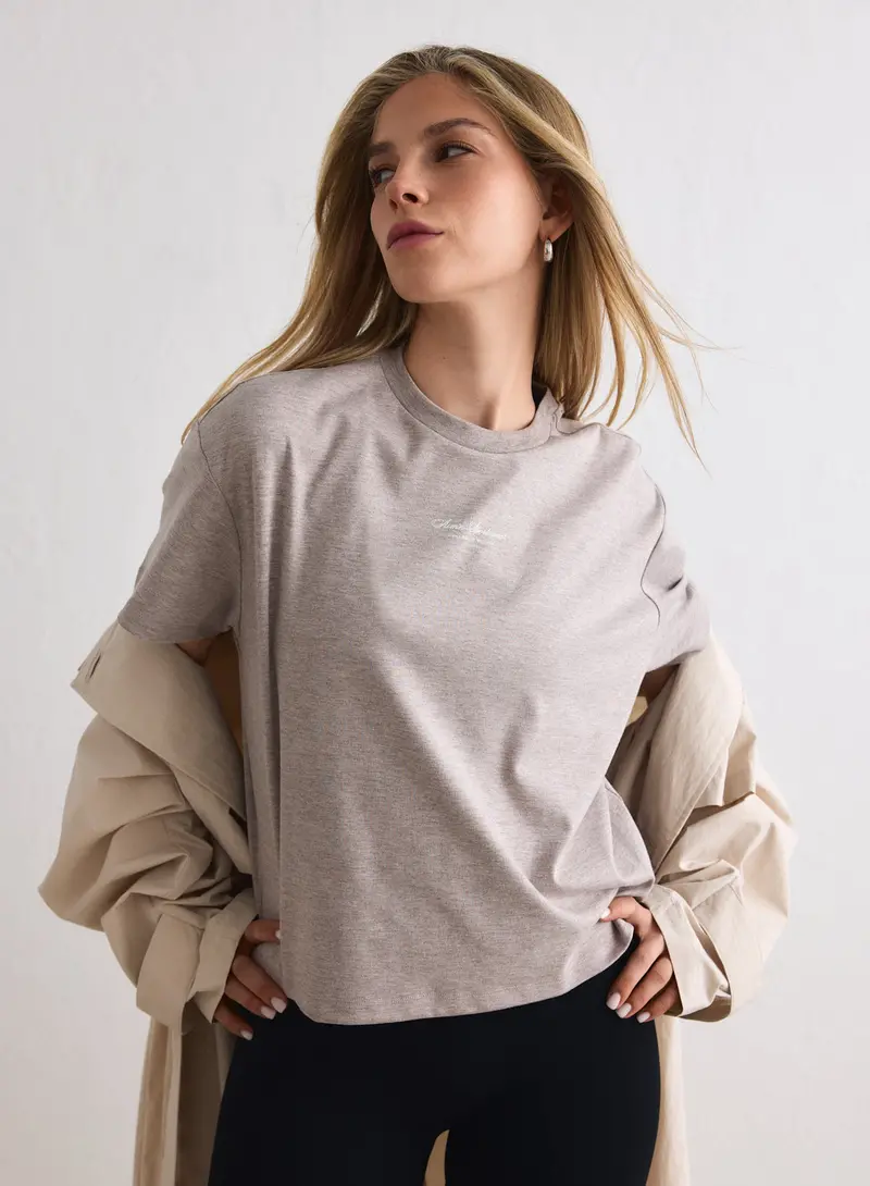 Espresso Melange Script Boxy T-Shirt – Structured Short Sleeve Top