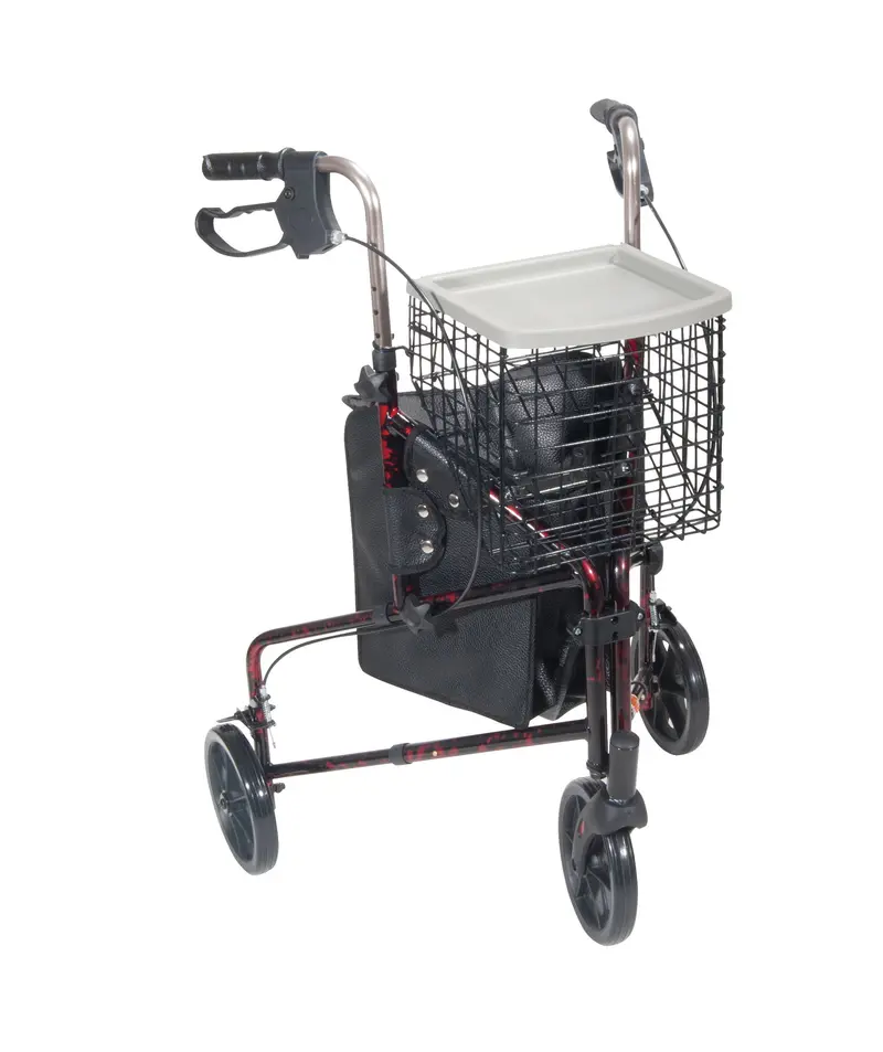 Flame Red 3-Wheel Rollator Walker with Basket, Tray & Storage Pouch