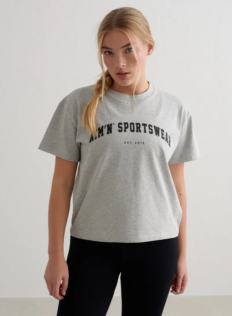Grey Melange Varsity-Style Boxy T-Shirt