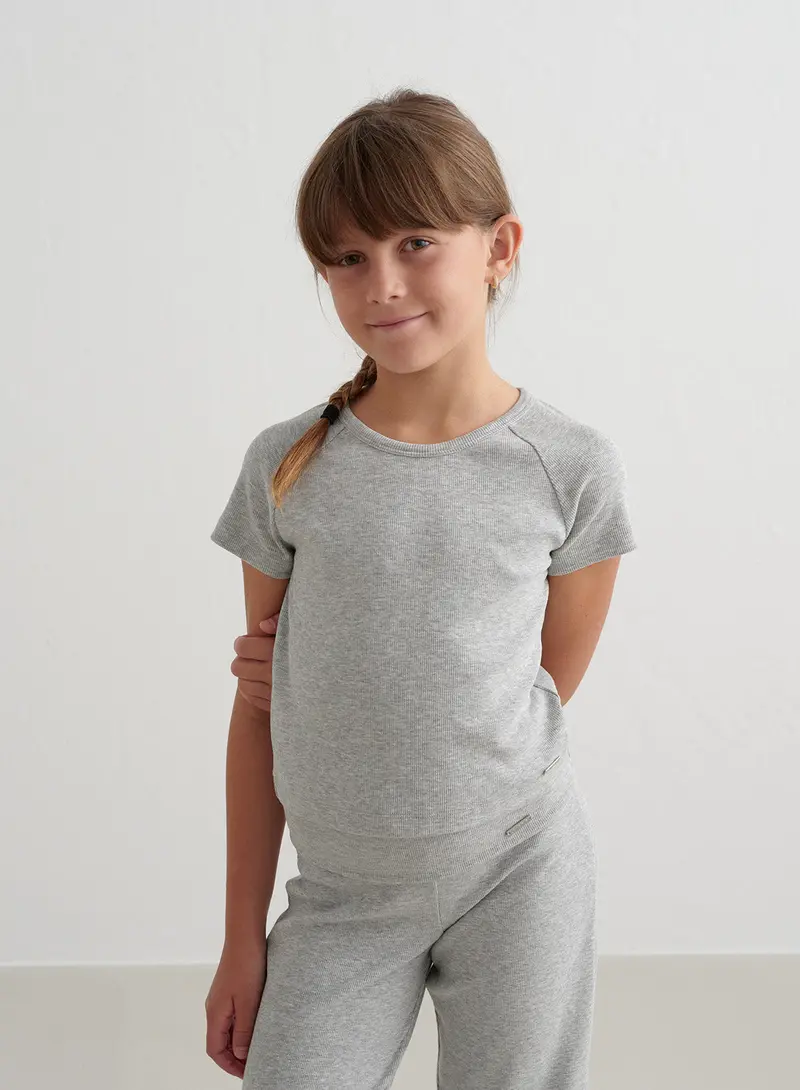 Grey Melange Youth Ribbed Short-Sleeve Top