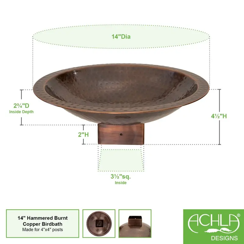 Hand-Hammered Copper Birdbath for 4×4 Post Stand – Achla Designs