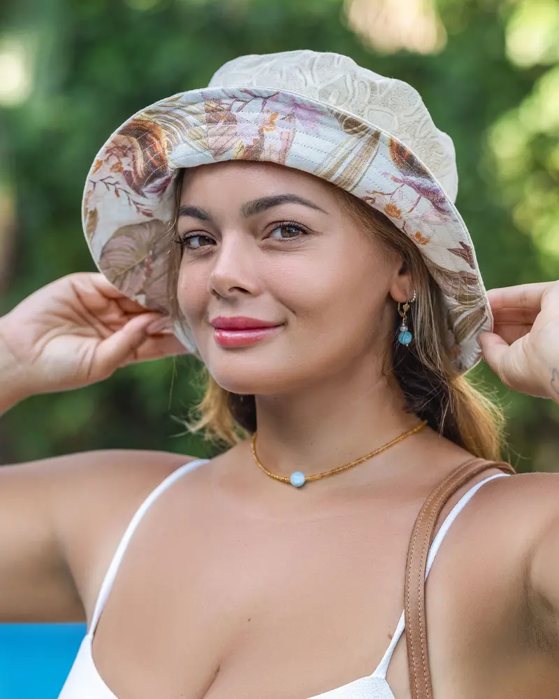 IMSY Wide-Brim Bucket Hat in Dune Kika Print