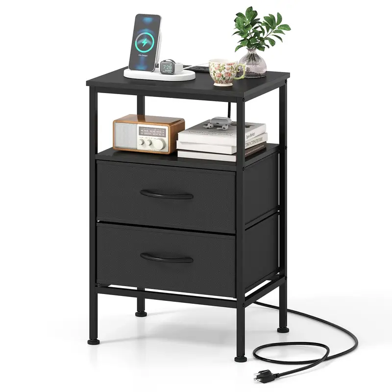 KOMFOTT 24.5″ Two-Drawer Nightstand Featuring Built-in Charging Station – Minimalist Bedroom Accent