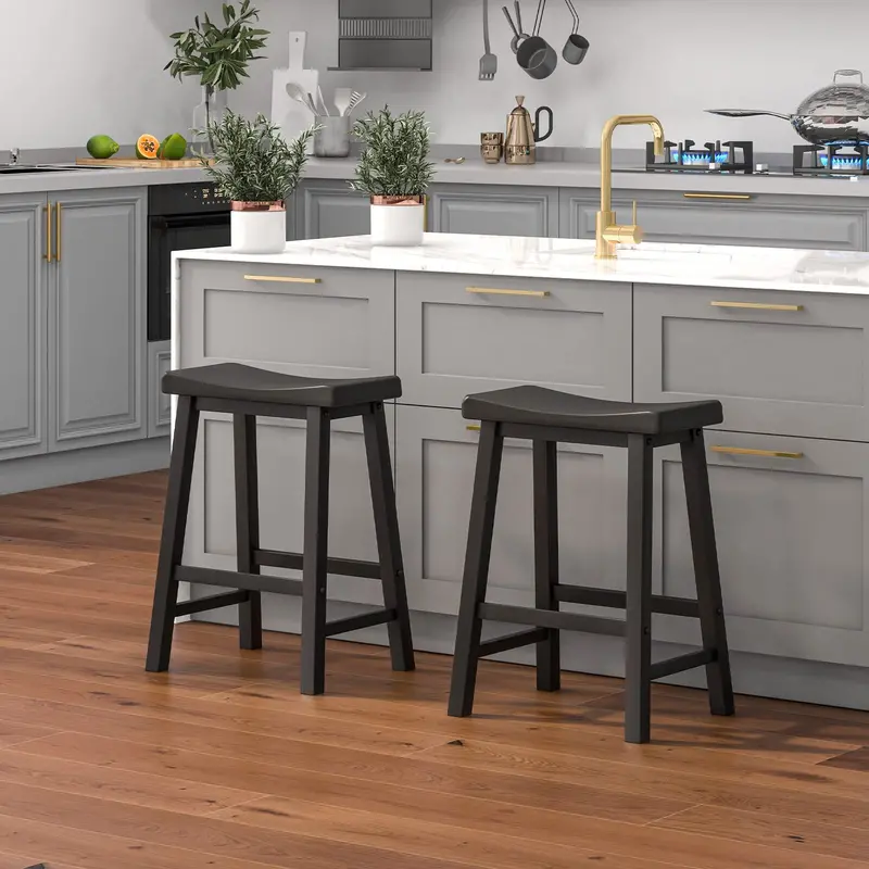 KOMFOTT 24-Inch Saddle-Style Bar Stools (Set of 2 or 4) — Solid Wood Legs, Contoured Seat, and Practical Footrest