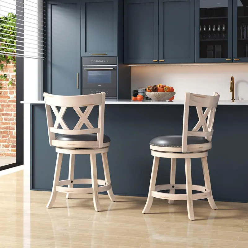 KOMFOTT 25.5-Inch Swivel Bar Stools (Set of 2 or 4) with Wide 20-Inch Padded Seat, PU-Upholstered Back, and Rubberwood Legs