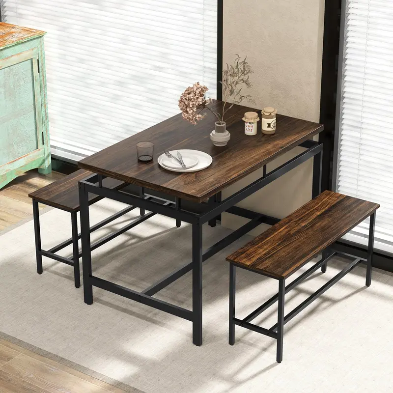 KOMFOTT 4-Person Dining Set with Table & 2 Benches – Sturdy Metal Frame Design