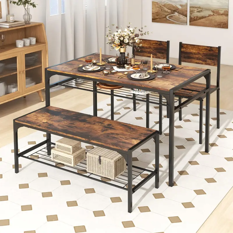 KOMFOTT 4-Piece Kitchen Dining Set: Table, Two Chairs, Bench & Integrated Storage Racks