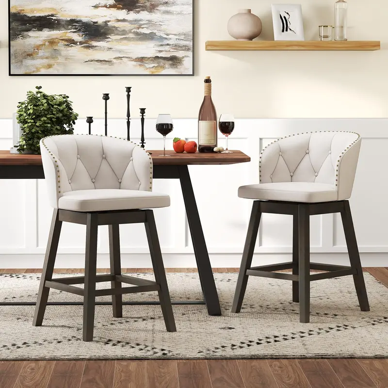KOMFOTT Button-Tufted Fabric Island Bar Stools – Set of 2 or 4 with 360° Swivel Function