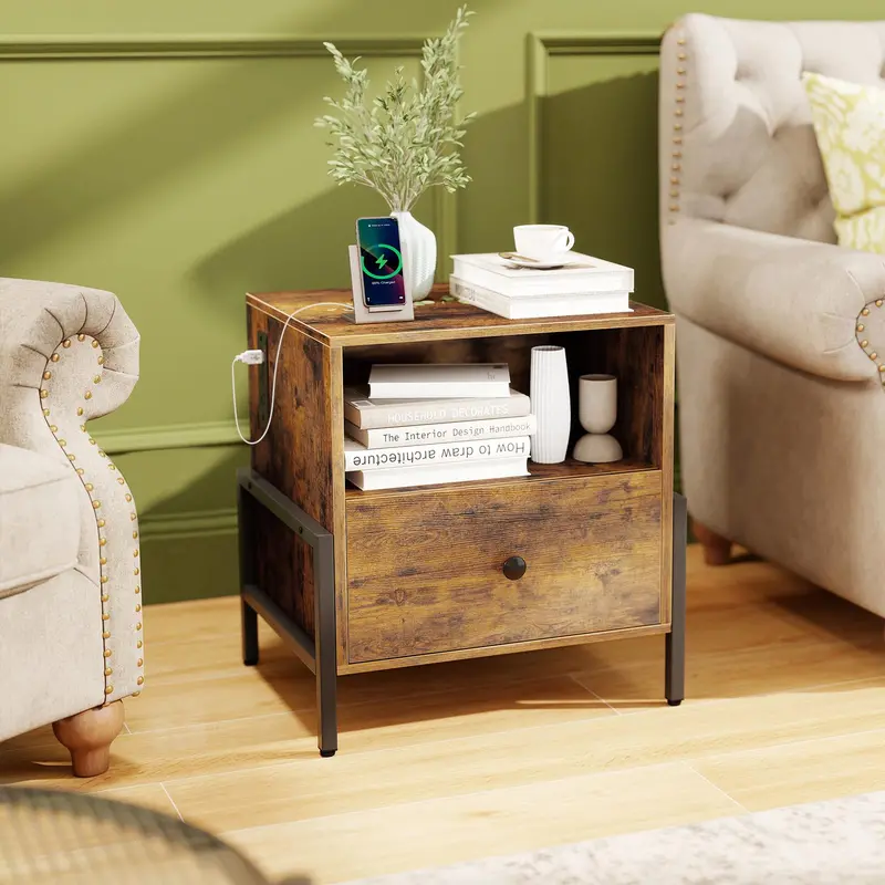 KOMFOTT Charging Station Nightstand – Compact Bedside Table with USB Ports (Single or Pair)