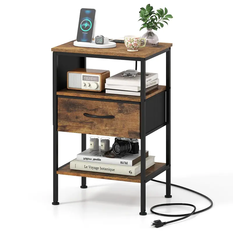 KOMFOTT Compact 24.5″ Nightstand with Integrated Charging Hub – Single-Drawer Modern Bedside Table