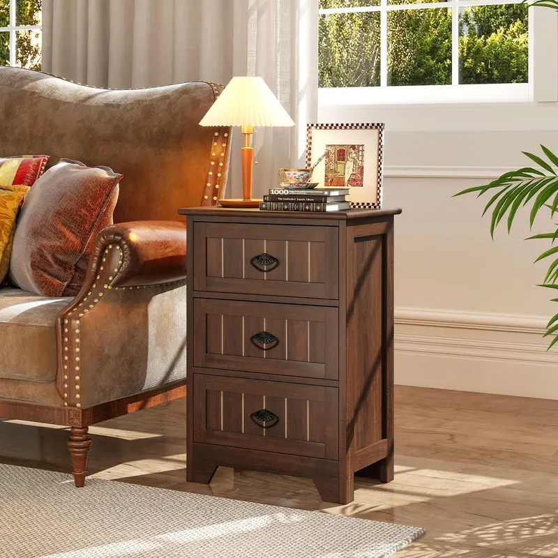 KOMFOTT Farmhouse Nightstand with Three Deep Storage Drawers (Sold Separately or as a Pair)