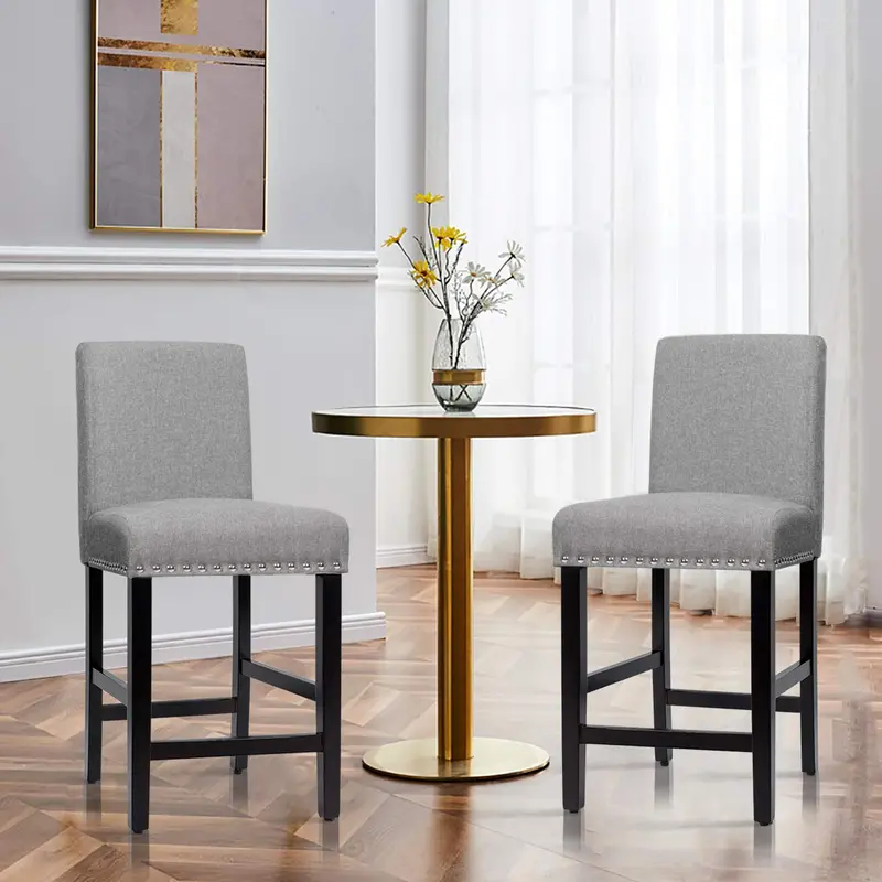 KOMFOTT Linen-Upholstered Counter-Height Bar Stools (Set of 2 or 4) — Breathable Fabric, Padded Seat & Back, Solid Rubberwood Legs