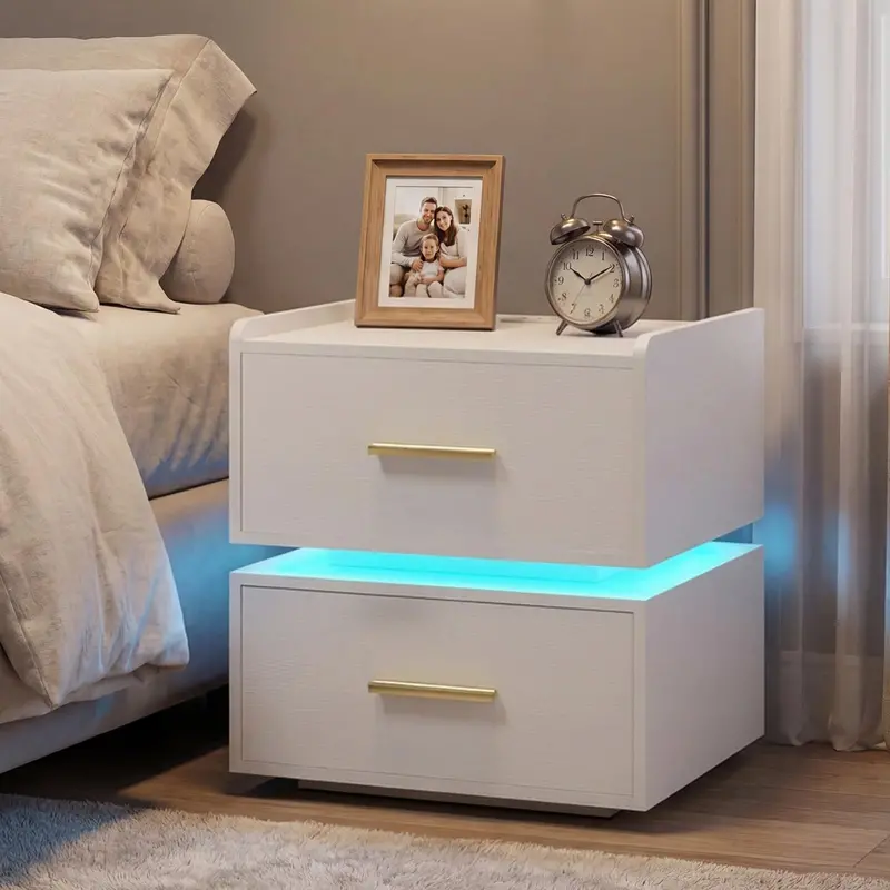 KOMFOTT Matching Nightstand Set with Charging Stations – LED-Equipped 1/2-Sized Bedside Tables