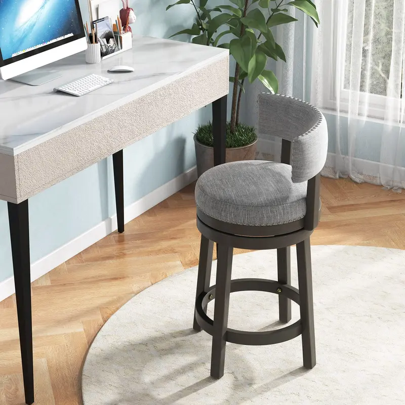 KOMFOTT Modern 360° Rotating Bar Stool with Fully Upholstered Seat and Back, Round Footrest, and Solid Rubberwood Legs