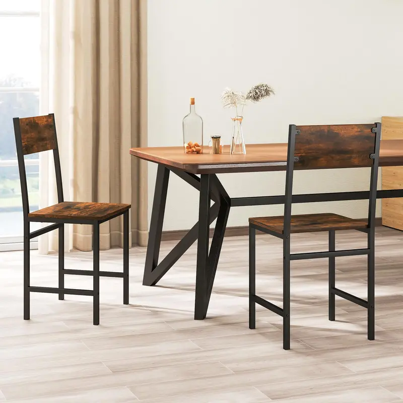 KOMFOTT Rustic Wooden Dining Chairs – Set of 2 or 4 with Slanted Back & Metal Legs