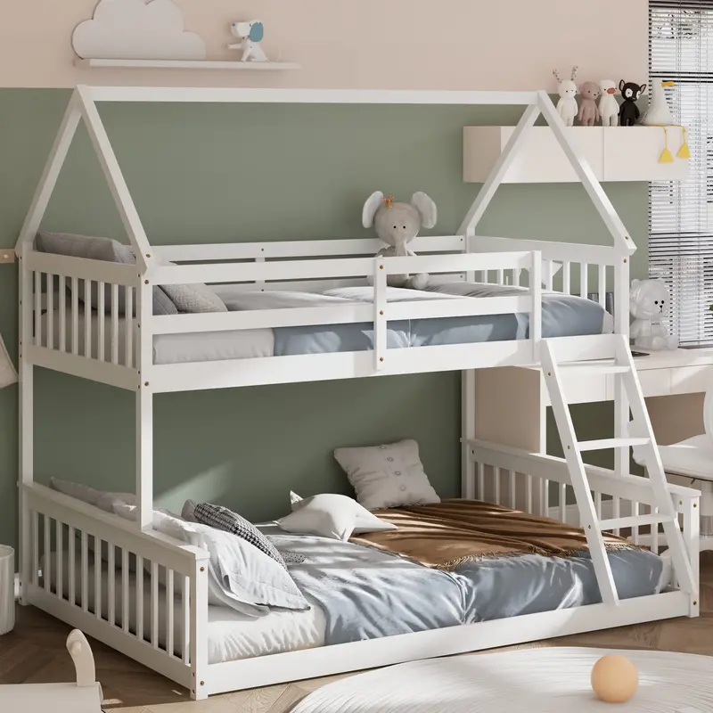 KOMFOTT Twin-Over-Full Convertible Wooden Bunk Bed with Integrated Ladder & Safety Rails