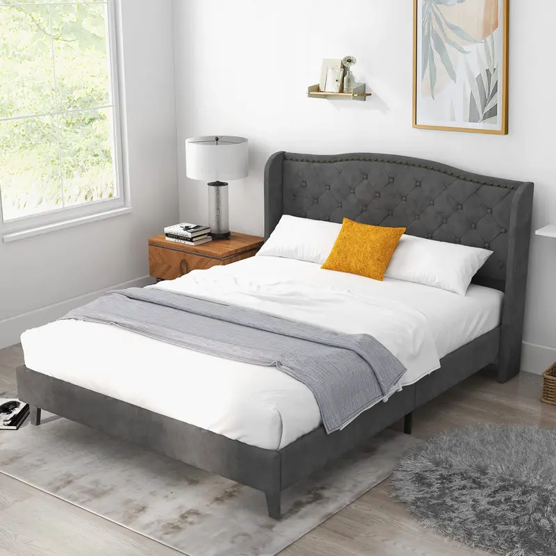 KOMFOTT Velvet-Textured Full/Queen Platform Bed with Elegant Button-Tufted Headboard