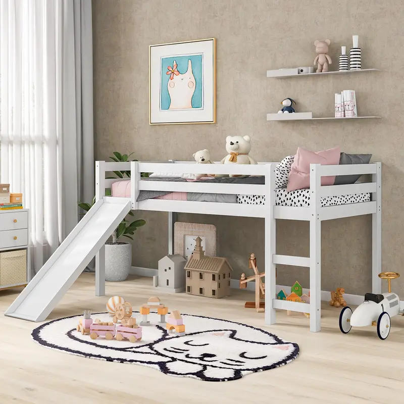 KOMFOTT Wooden Low Loft Bed for Teens – Twin Size with Slide, Ladder, and Safety Guardrail