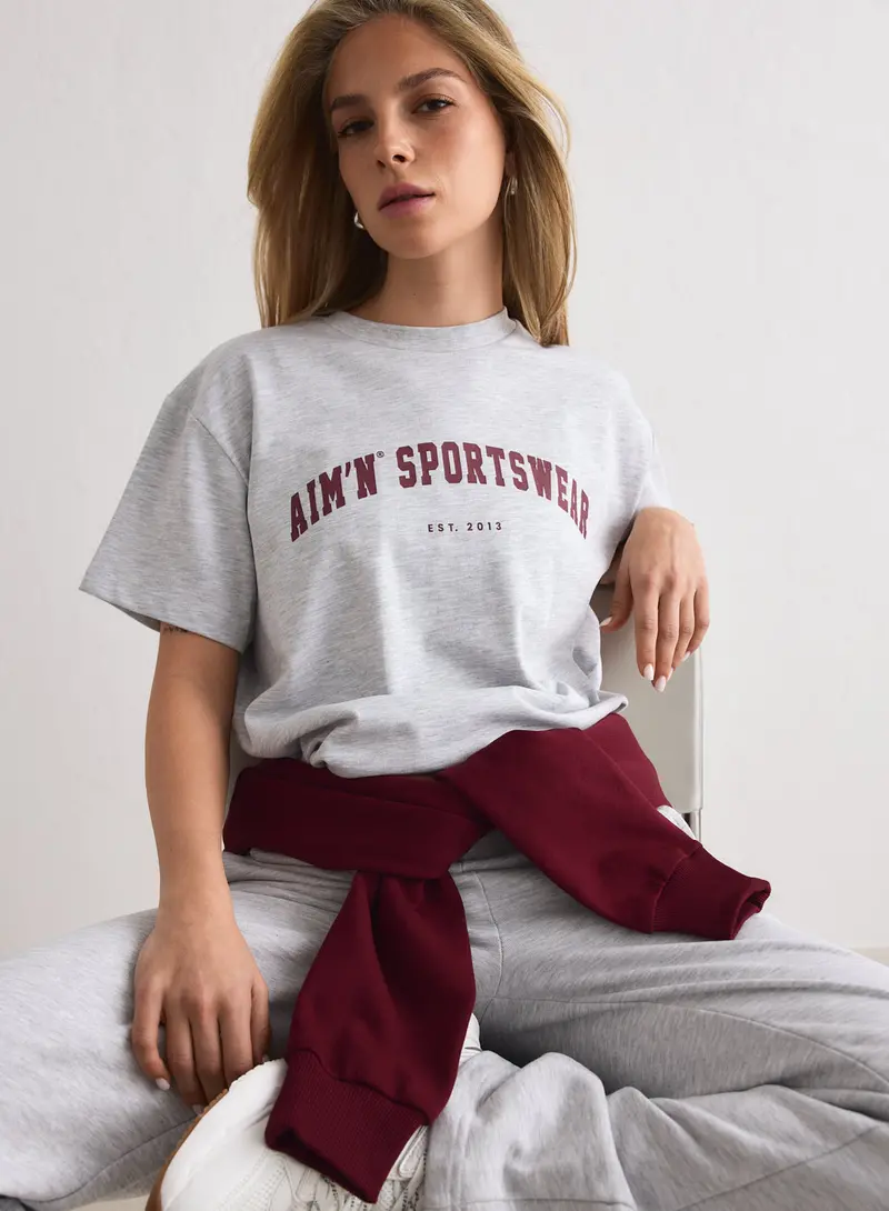Light Grey Melange Varsity-Inspired Box-Cut T-Shirt