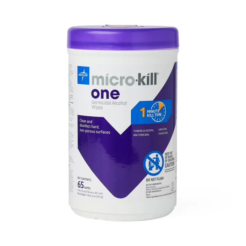 Medline Micro-Kill ONE Alcohol-Based Germicidal Wipes – 7″ × 15″, 65-Count Reclosable Canister (Case of 12)