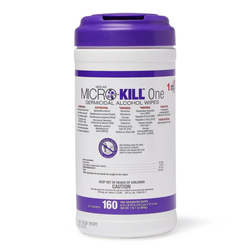 Medline Micro-Kill One Alcohol-Based Germicidal Wipes – Reclosable Canister, 160 Count, 6″ x 6.7″ (Each)