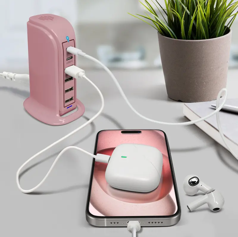 PowerUp PD Power Tower Charging Station – Soft Pink Multi-Port Hub