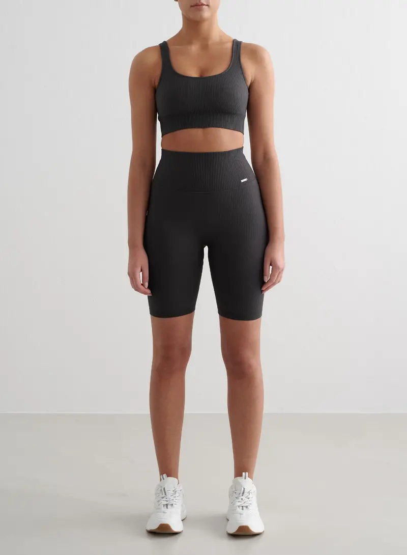 Shadow Grey Ribbed Seamless Biker Shorts and Bra Set